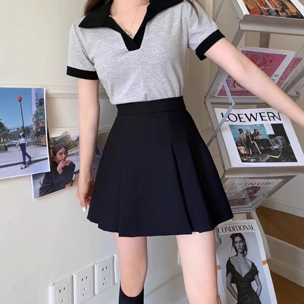 Korean High-Waist Slimming Black Pleated A-line Mini Skirt - Women's Summer Design