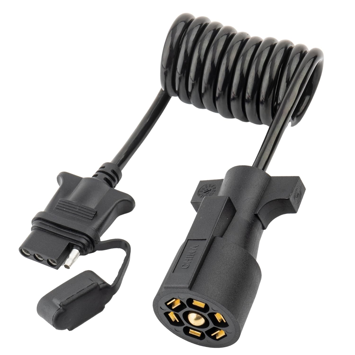 MECMO 7 Way Blade To 4 Way Flat Trailer Adapter Coiled Wiring Harness 5Ft Male 7 Pin To 4 Pin Trailer Extension Cord Jacketed Cable, Heavy Duty 18AWG