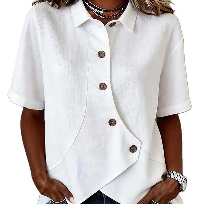 2026 New Women's Short Sleeve Irregular Lapel Button T-shirt