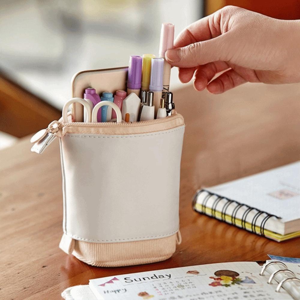 Adjustable Height Telescopic Pencil Pouch PU Corduroy Desktop Organizer Bag Daily Storage жёлтый