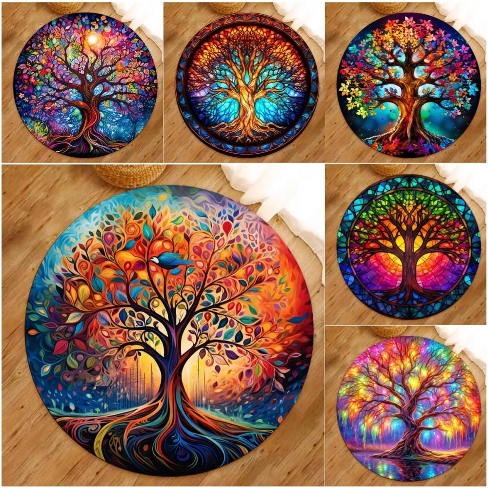 Tree of Life Round Rugs Yoga Floor Mat Nature Mandala Design Circle Carpet Home Living Room Bedroom Decor Ancient Spiritual Rug
