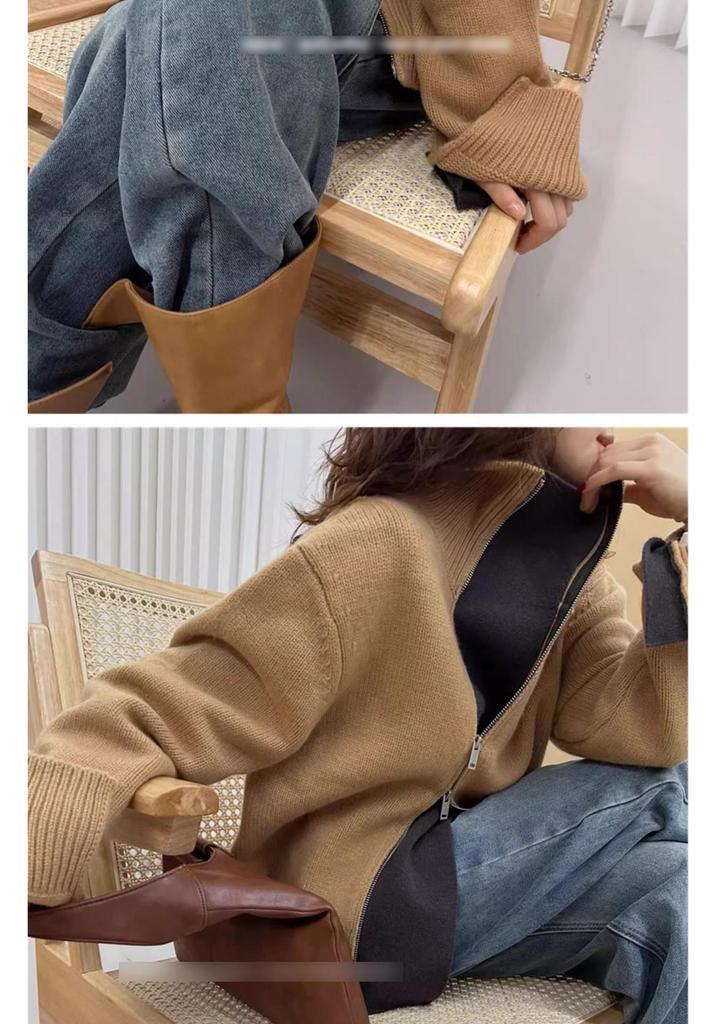 2024 Women's High Neck Asymmetrical Zipper Wool Cardigan - Cozy Loose Fit Sweater Jacket for Autumn/Winter, Korean Lazy Style
