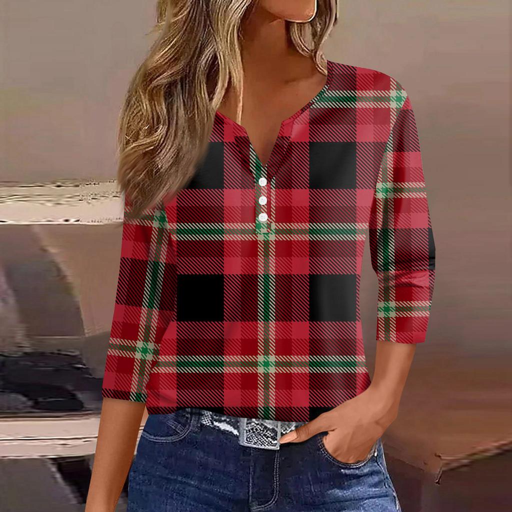 Women's T Shirt Tee Printed Button 3/4 Sleeve Tunic Daily Weekend Fashion Basic V- Neck Regular Top