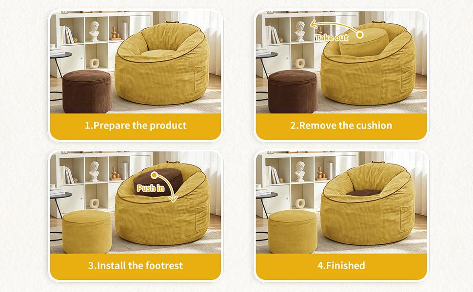 Ergonomic Curved Bean Bag Chair with Detachable Storage Pocket and Matching Cylindrical Ottoman for Modern Home Comfort