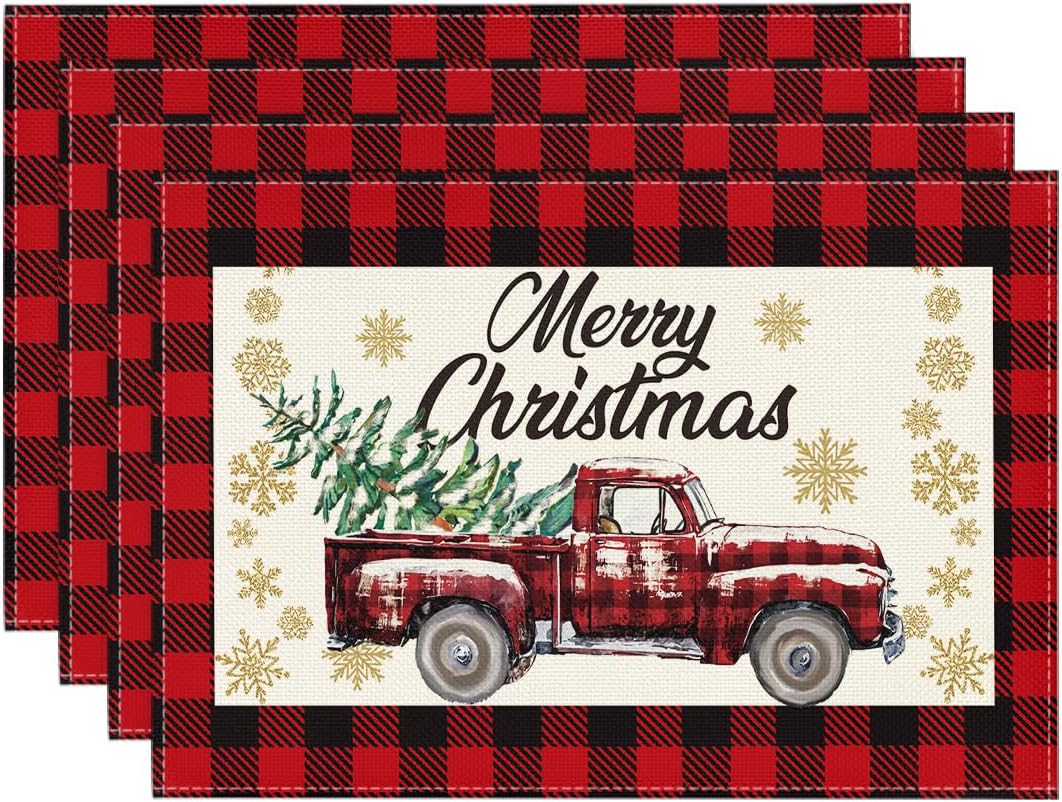 

Red Black Buffalo Plaid Truck Merry Christmas Placemats Set of 4 Winter Xmas Holiday Table Mats for Party Kitchen Dining Decor 4pcs