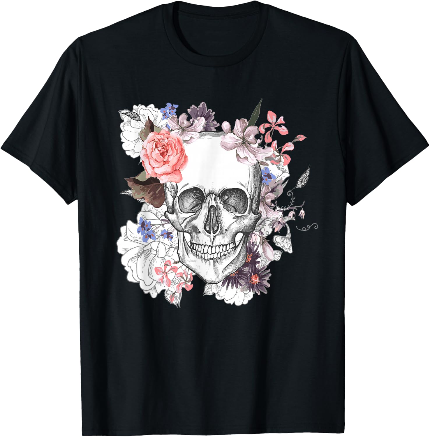 Flower Skull T-Shirt Sugar Skull Roses for Women Girls, Mens T-Shirt XL