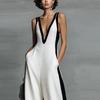 2026 Black & White Color Block Women's Deep V-Neck Jumpsuit with Thin Straps