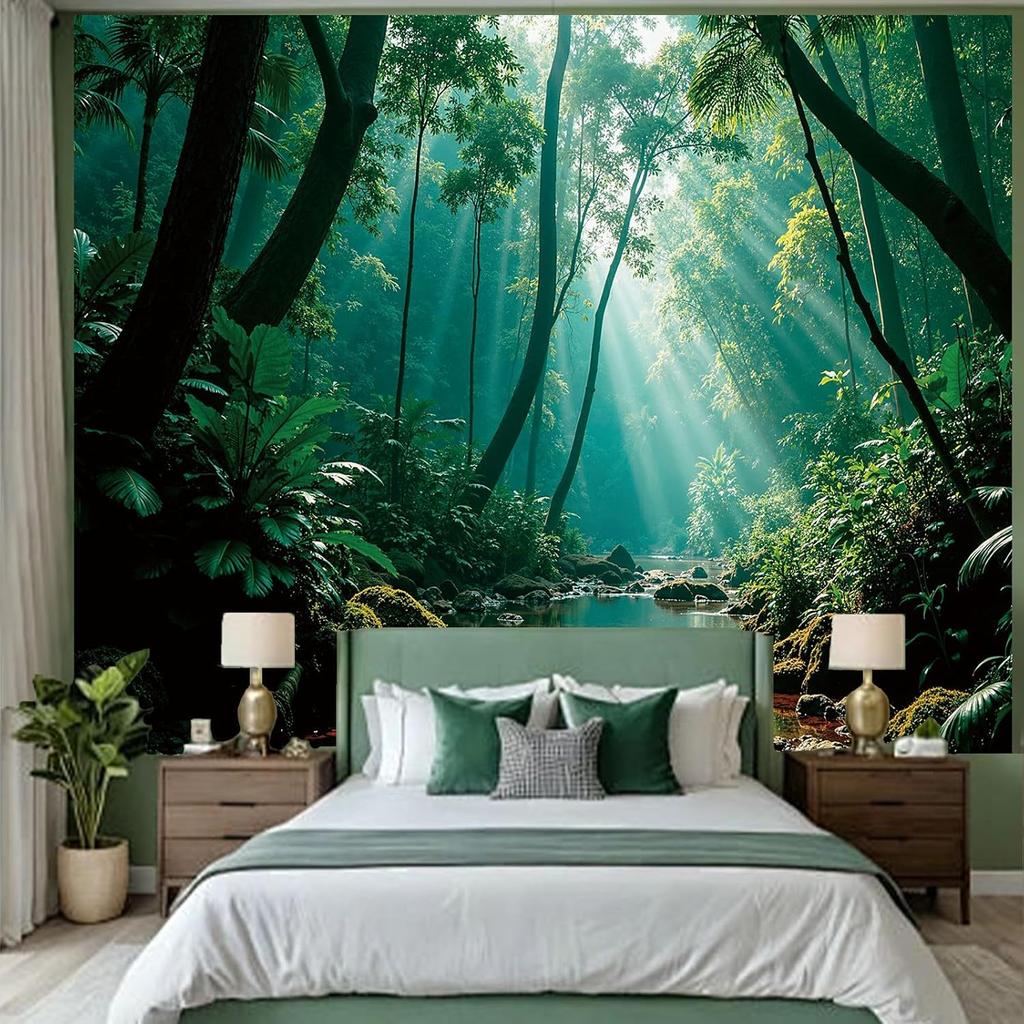 Forest Green Nature Tapestry Wall Hanging, Misty Forest Sunlight Wall Mural Tapestry Aesthetic for Bedroom, Fantasy Large Tree R