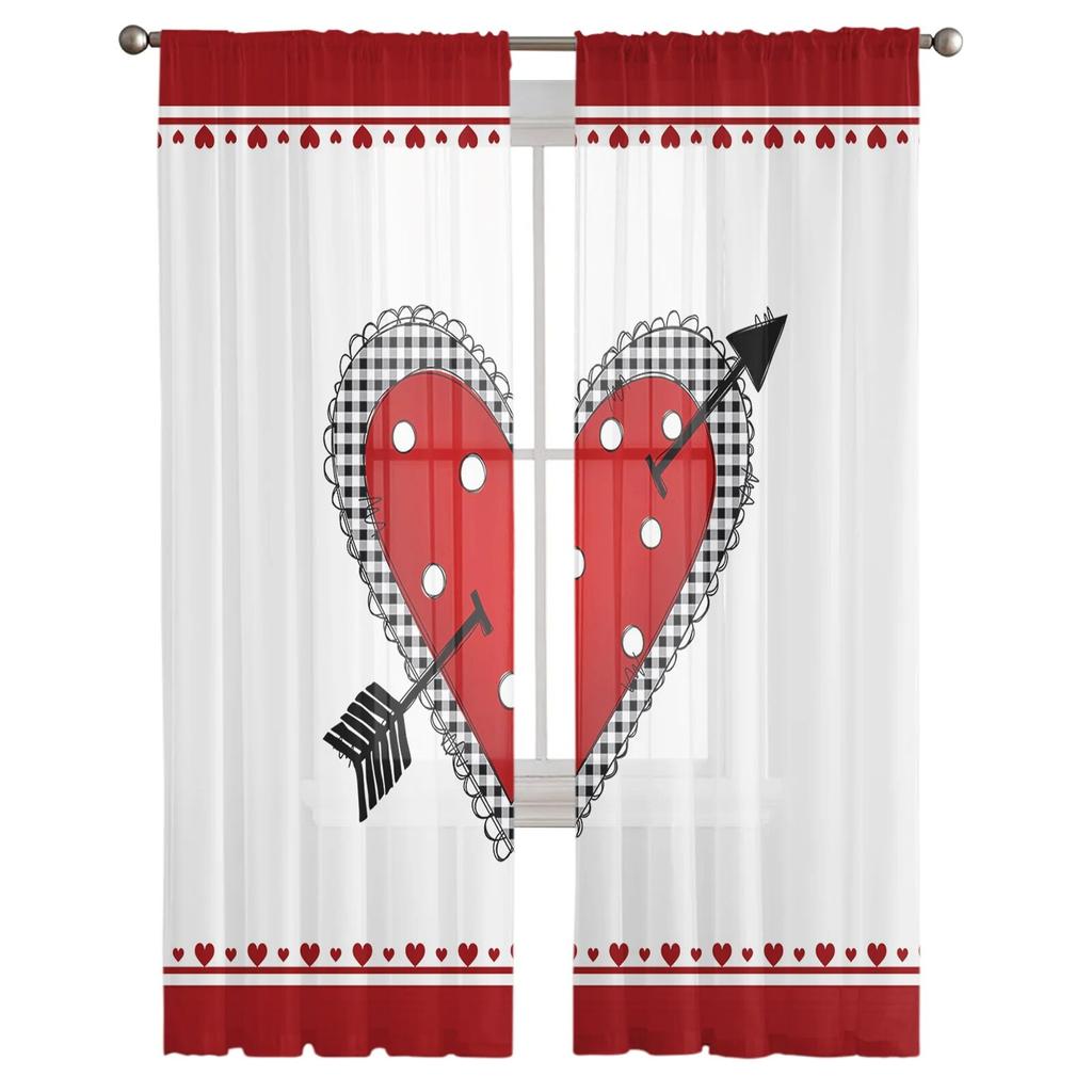 Valentinstag-Vorhänge mit rotem Herz und Pfeil, moderne Tüllvorhänge für Wohnzimmer, Schlafzimmer, Küche, Fenster, transparente Vorhänge