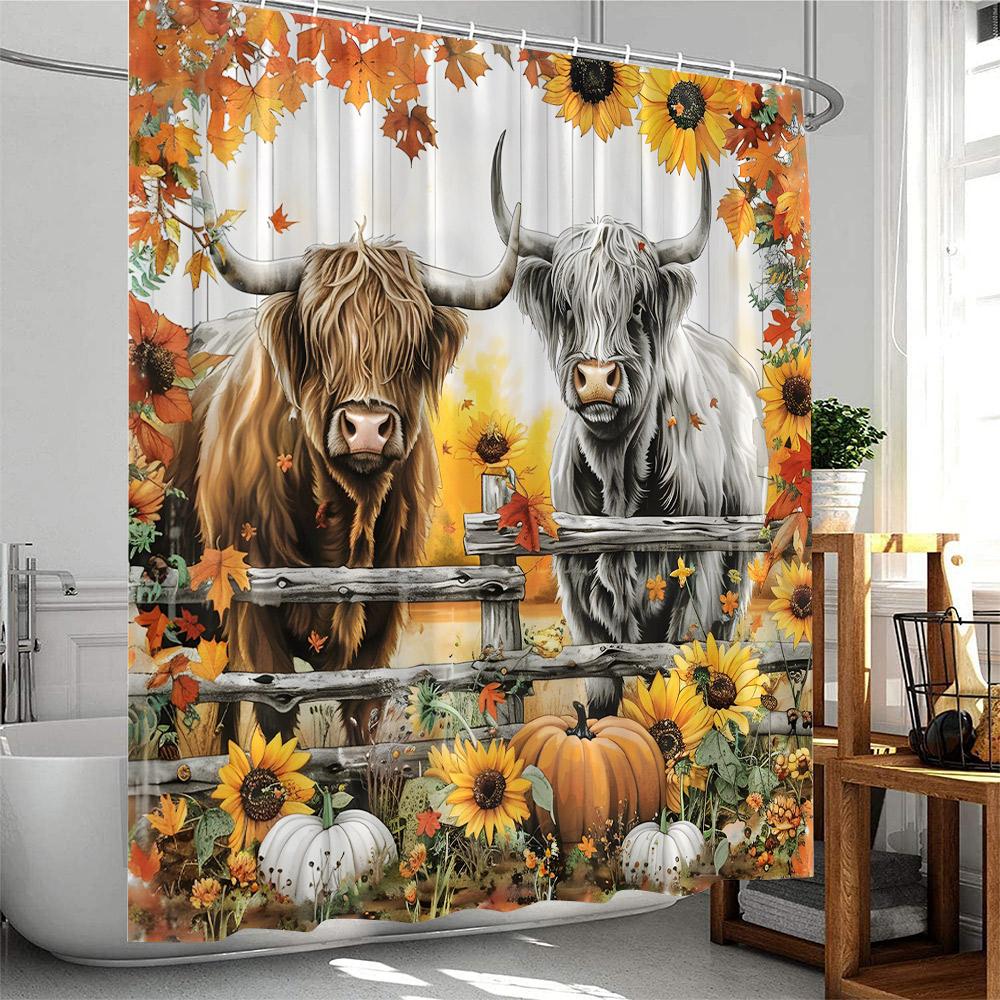 Highland Cow Farmhouse Shower Curtain Country Bathroom Decor Cattle Sunflower Floral Pumpkin Autumn Polyester Bathtub Curtain