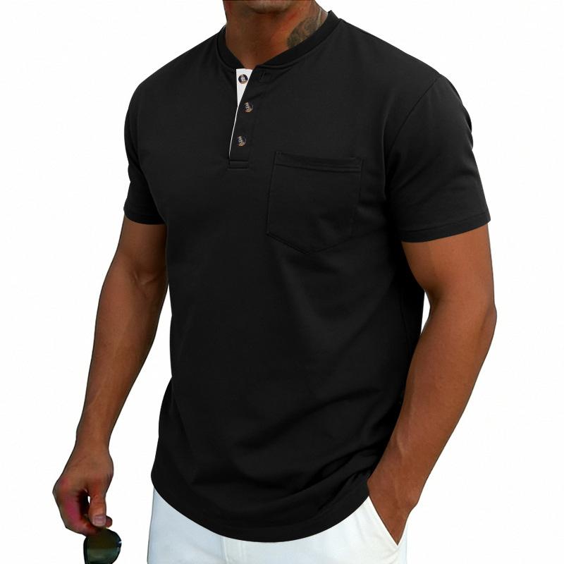 Men Henley Neck Short Sleeve T Shirt With Chest Pocket Casual Solid Color Tops