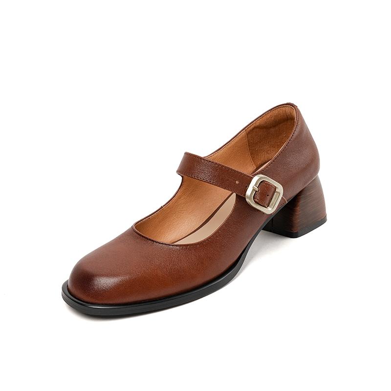 

Качественные женские туфли-лодочки из натуральной кожи 2024 года, весна-лето, ретро-стиль, лаконичные туфли на толстом каблуке с пряжкой, женские повседневные туфли Мэри Джейн 40 коричневый