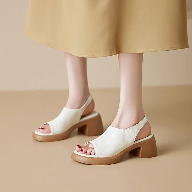 2026 Spring/summer New Soft Leather Minimalist Back Strap Thick Heel High Heels French Minimalist Fish Mouth Sandals for Women