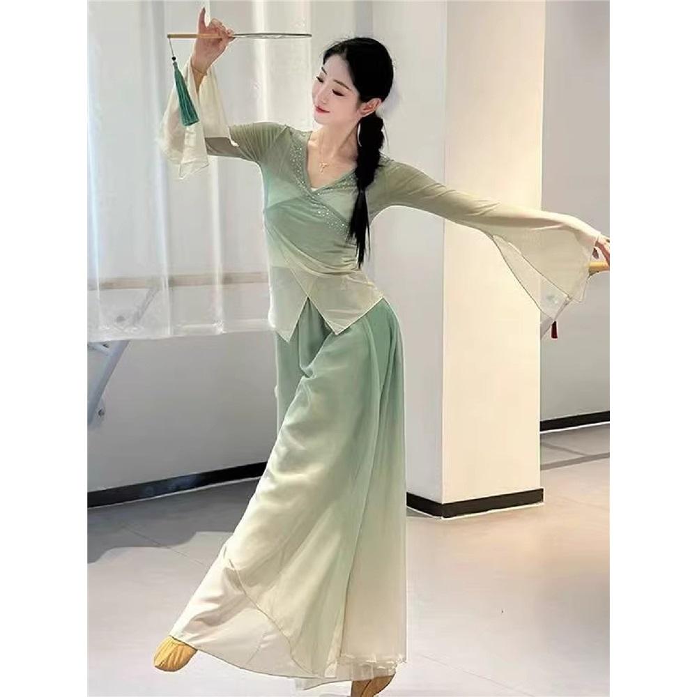 Women's Chinese Style Gradient Chiffon Dance Set, Bell Sleeve Sheer Top Flowy Skirt For Practice & Stage Performance