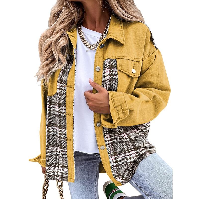 JKASHDK Moda Donna Casual Stampa a Quadri Autunno Inverno Manica Lunga Giacche e Cappotti con Collo POLO