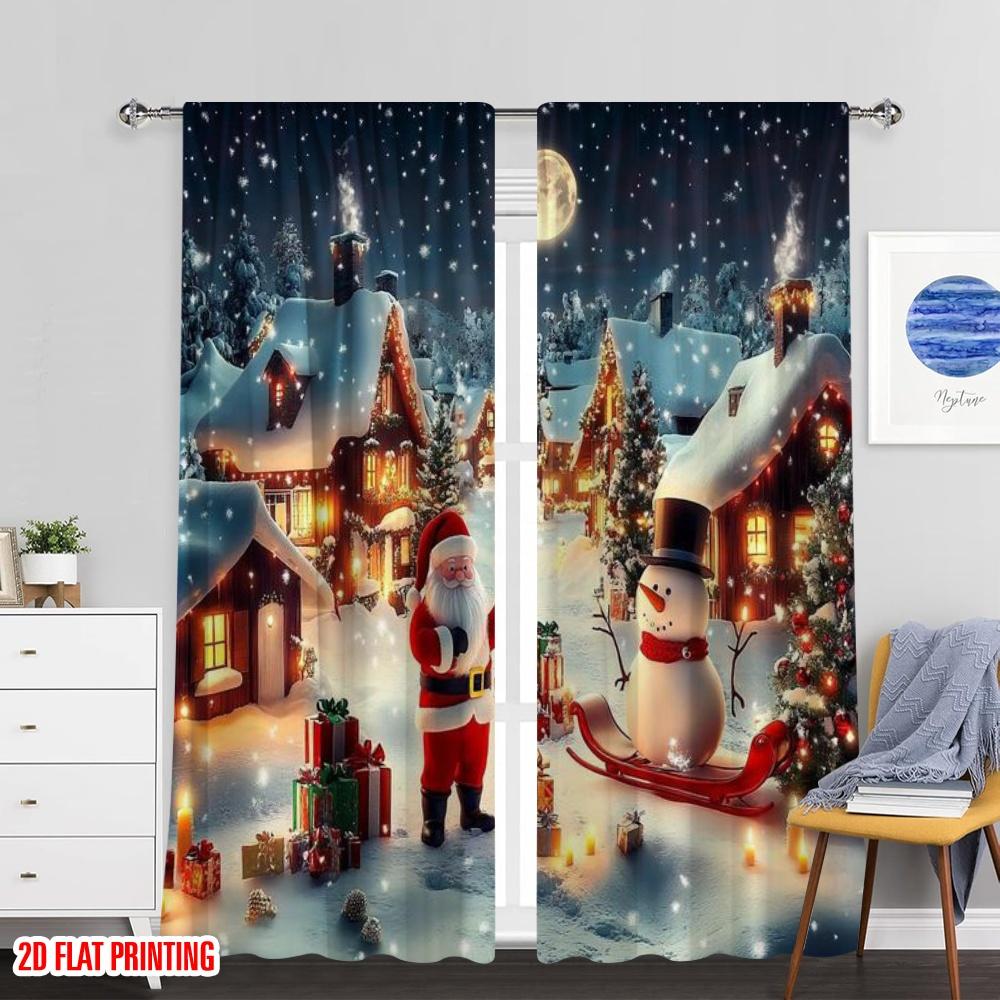 Flat Printing Merry Christmas Window Curtains Father Polyester Without Electricity Perfect Entryway Curtain Set Of 2 Made Washable