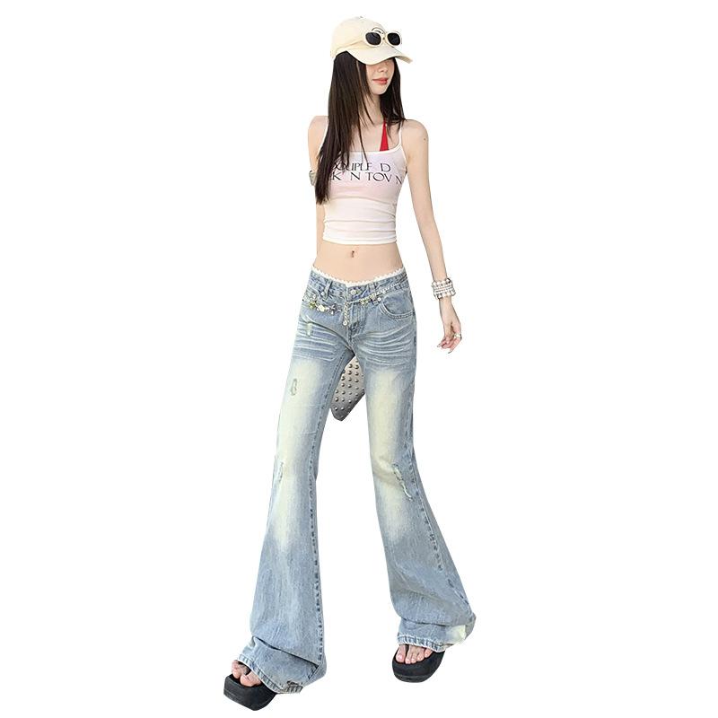 American Spice Girl light blue slightly pulled jeans women's summer new low-rise loose and thin wide-leg flared pants