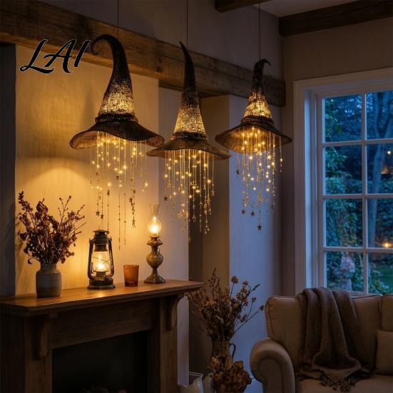 Décorations d'Halloween Intérieures Chapeau de Sorcière Lumineux Décor Suspendu Sorcier Lumineux LED Guirlande Frange Étoile Scintillante Porche Extérieur Plafond Effrayant