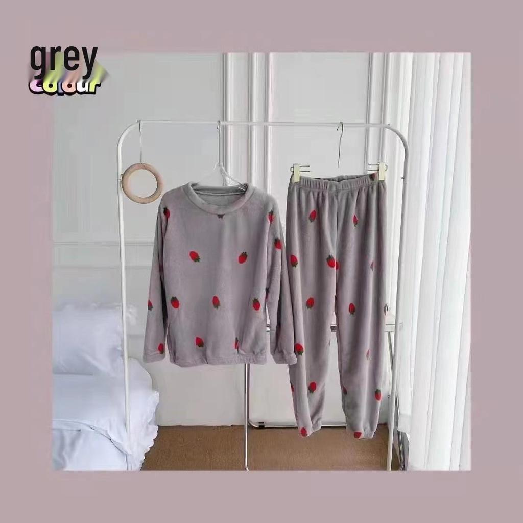 Damen Dickes Flanell Korallenfleece Pyjama Set - Niedlicher Langer Cardigan Homewear für Herbst und Winter