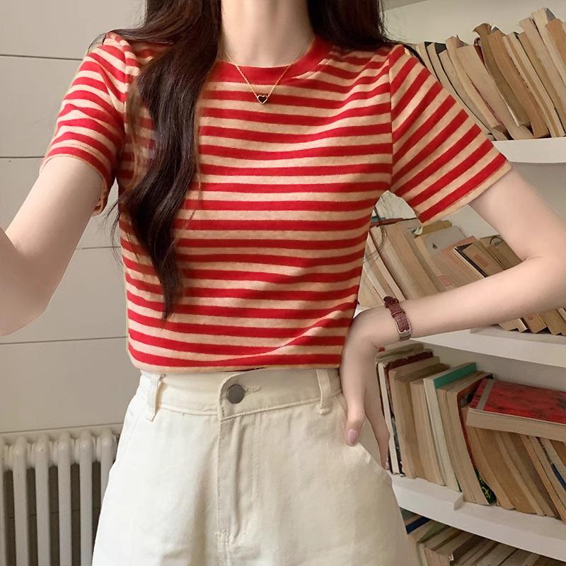 New Summer High-End Hong Kong Style Petite Cotton Striped Short-Sleeve Women's T-Shirt