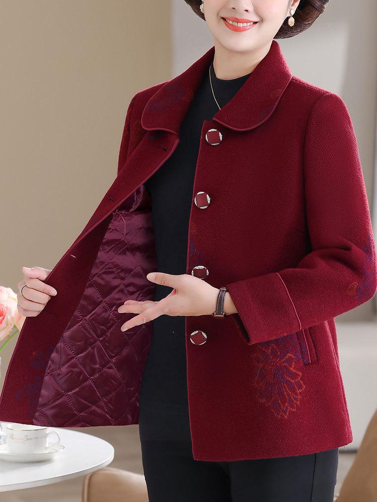 Hengyuanxiang Women's Woolen Coat - Turn-Down Collar, Warm, Fashionable for Middle-Aged and Elderly In Autumn/Winter