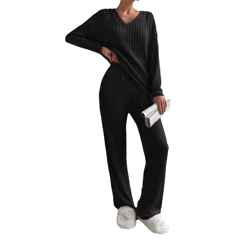 European & American Autumn/Winter Two-Piece Set: V-Neck Ribbed Knit & Casual Straight-Leg Pants