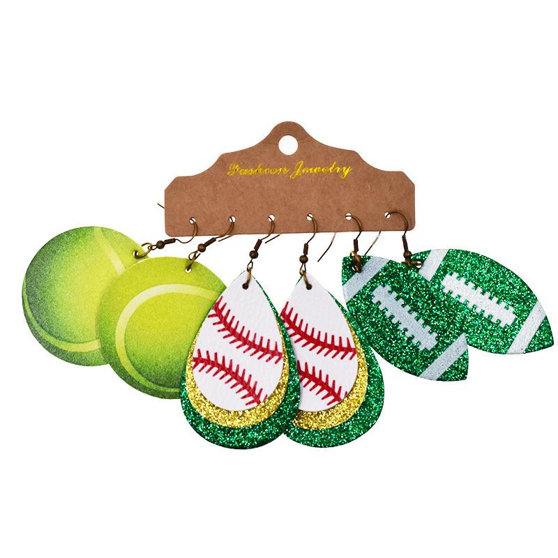 World Cup sports ball drop-shaped leather earrings, basketball, football, rugby, baseball earrings, multi-layered earrings, three pairs in one pack