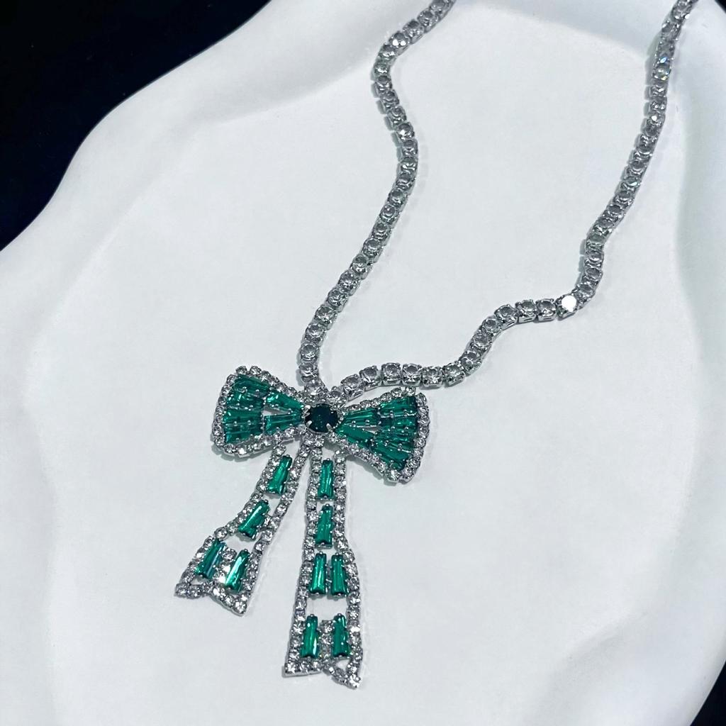 Korean Bow Necklace Ins Full Diamond Tassel Temperament Light Luxury Rhinestone Simple Neck Chain Collarbone Chain Fashion Jewelry