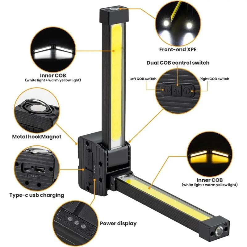 Foldable COB LED Work Light Dimmable Rotatable Flashlight Waterproof Magnetic Lamp with Hook for Car Repair Camping Emergency Outdoor Working Use