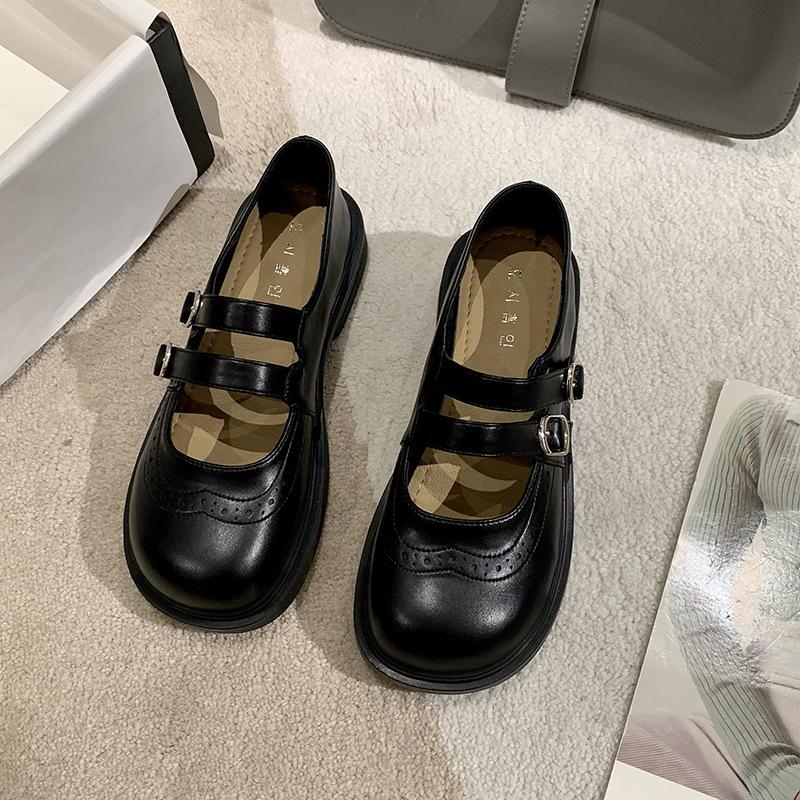 Uniform Women's British Flat Retro Double Buckle Soft Side Mary Jane Shoes Spring and Autumn Niche Carved for Walking Style