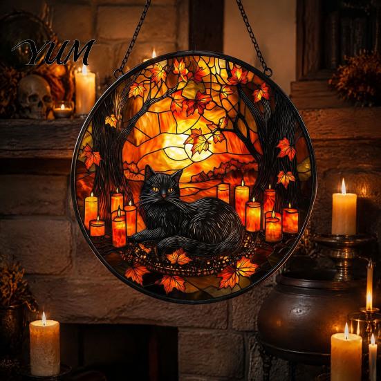 Unique Birthday Gift for Her Halloween Moon Black Cat Suncatcher Jigsaw Puzzle, 2D Acrylic Mystical Feline Window Hanging Tiffany Style Light