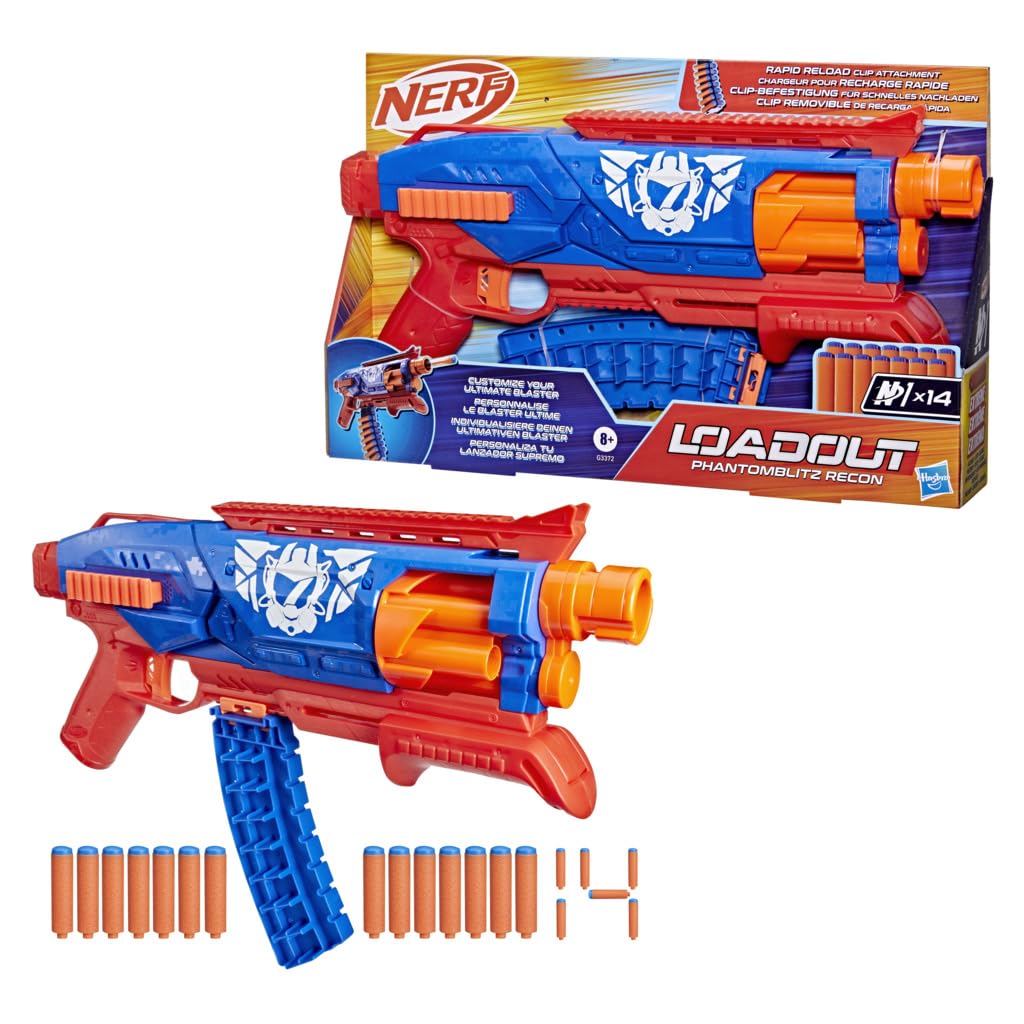 Hasbro Nerf Loadout Phantom Blitz Recon Blaster with Dart Storage Rotating and 14 N1 Toy Ages Authentic Attachment, 6-Dart Drum, Darts, Kids' & Gift,