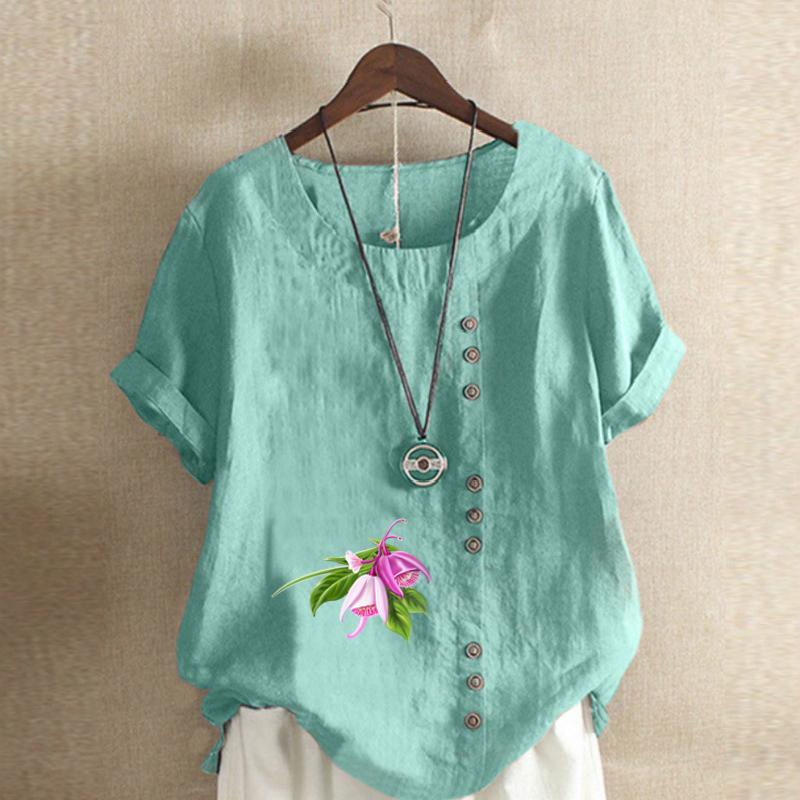 Frauen Neue Mode Leinen Hemd Rundhals Kurzarm Blumen Gedruckt T-shirt Sommer Damen Casual Plus Größe Bluse Tops