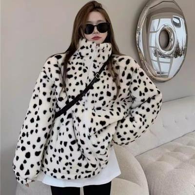 Autumn and Winter Light Imitation Fox Hair White Leopard Print Fur Coat Short Stand-up Collar Thickened Jacket