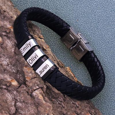 Personalized Mens Genuine Leather Bracelet Stainless Steel Custom Beads Name Charm Bracelet Jewelry for Men with Family
