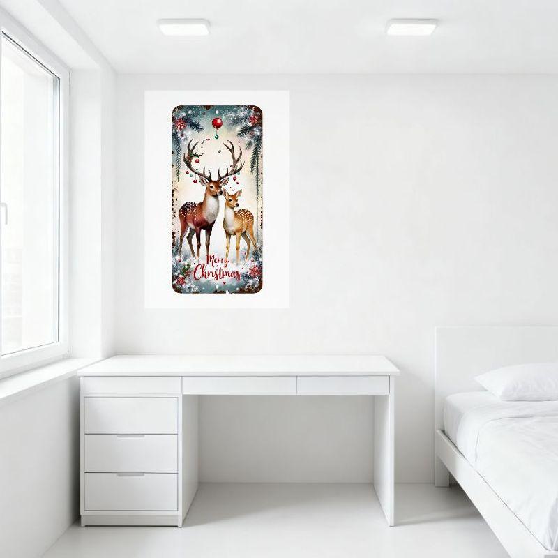 Vintage Rustic Christmas Metal Tin Sign, Two Deer Stag Doe in Snowy Festive Scene with Baubles, Merry Christmas Text, Distressed