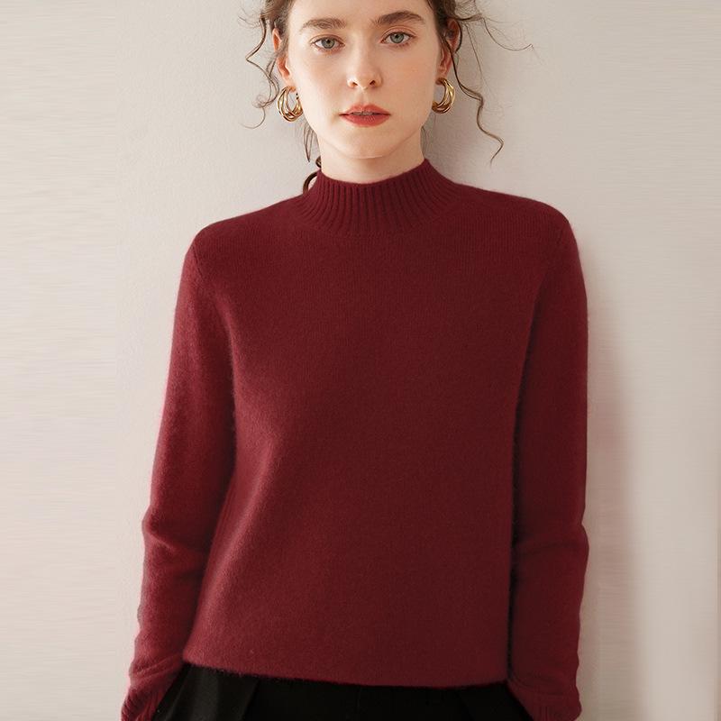 2024 Autumn/Winter Korean Style Women's Cashmere Knit Pullover with Half-High Collar