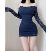 [] Spice Girl Tight Dress Female Sexy Lace Long Sleeve One-word Collar Atmosphere Seaside Dress