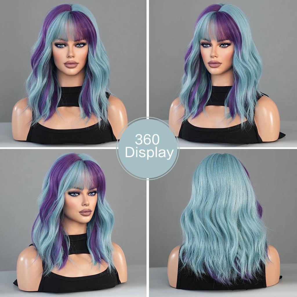 Professional  Synthetic Body Wavy Light Blue Hair Wig with Bangs for Women Daily Party High Density Middle Length Highlight Purple Wigs