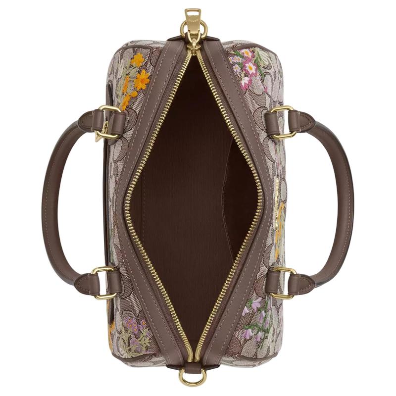 Coach Borsa Boston ricamata floreale Rowan 25 tessuto jacquard e pelle borsa a mano media da donna colore quercia