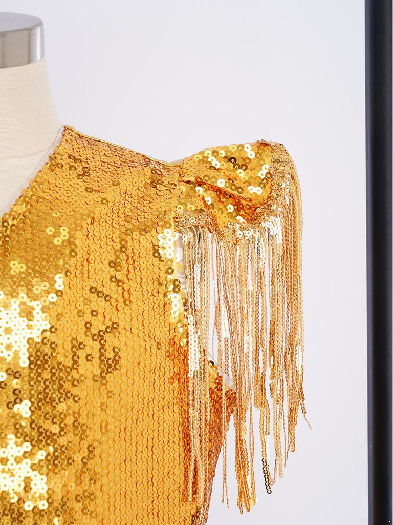 Boys Sequined Patchwork Vest Tassels Cap Sleeves V Neckline Stage Performance Waistcoat