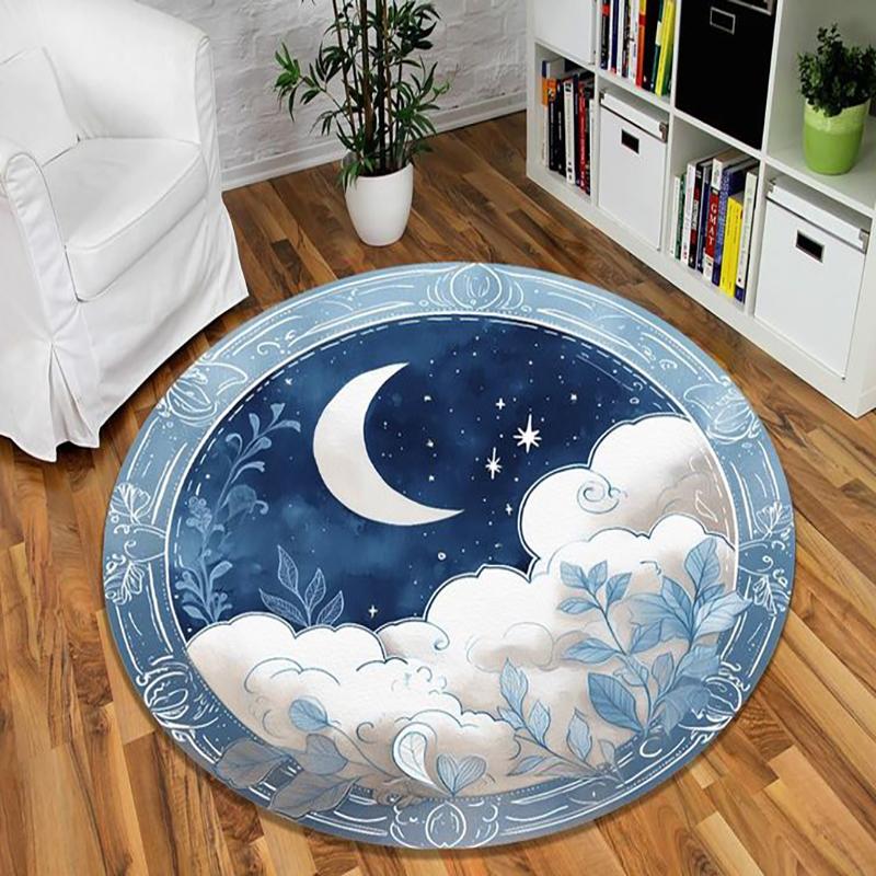 Round Carpet Cartoon Mountain Rainbow Hot Air Balloon Smiling Sun Moon Star Cloud Vortex Art Design Rug For Kids Room Home Decor