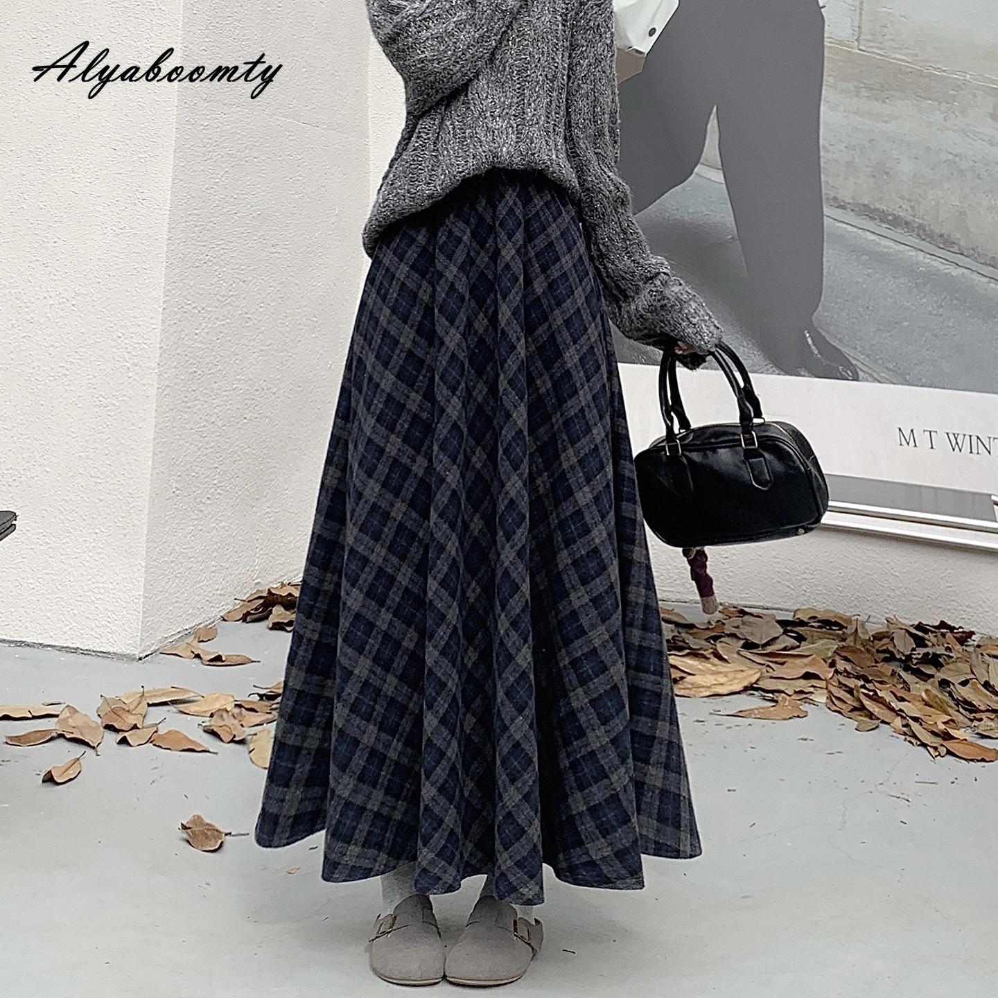 

Корейская мода Осень Зима Женская шерстяная юбка с высокой талией Черная Темно-синяя Коричневая Клетчатая юбка Теплая Шерстяная Миди Винтажные юбки Женские One Size темно-синий