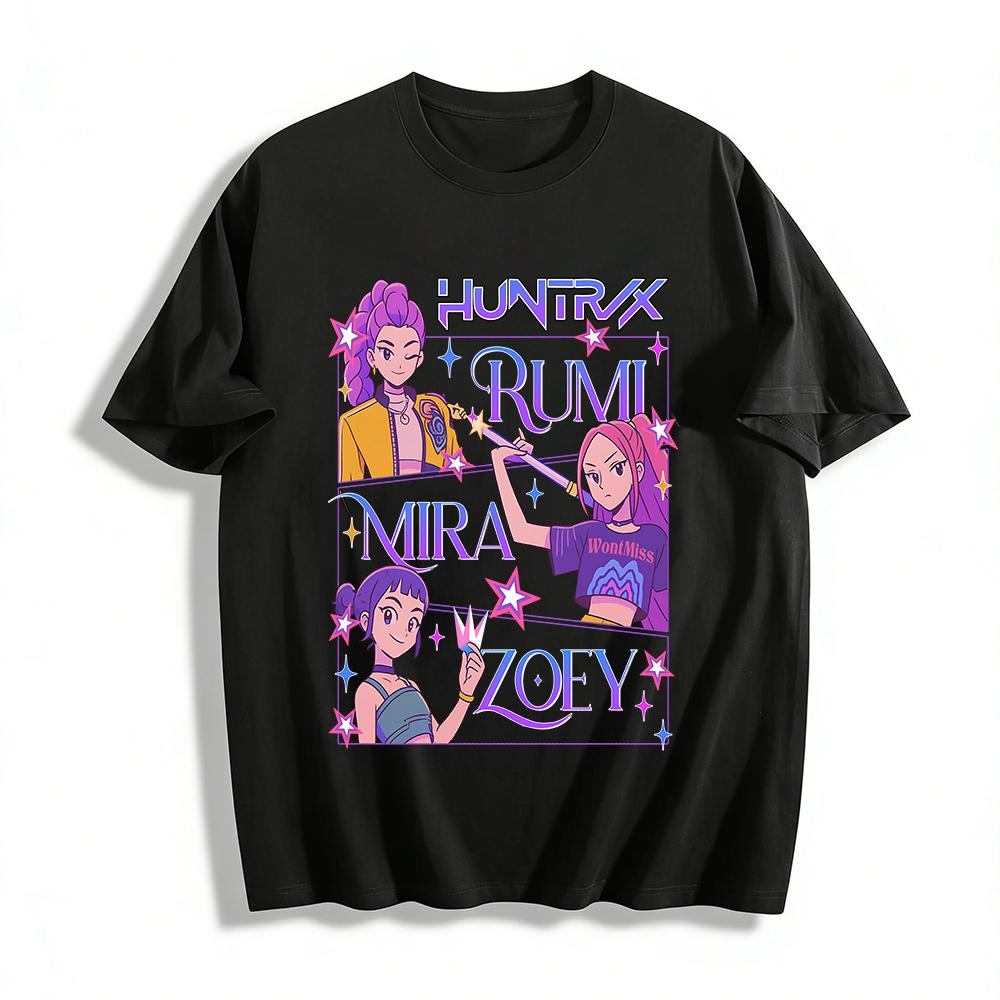 

Huntrix Anime Girls Graphic Tee Rumi Mira Zoey Print Casual Short Sleeve T-Shirt For Teens Pure cotton T-shirt XXS
