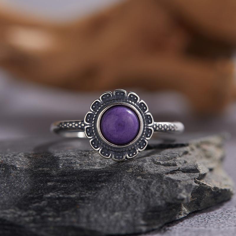 S925 Sterling Silver Natural Red And Green Agate Purple Dragon Crystal Sea Blue Treasure Color Treasure Thai Silver Ring Ethnic Style Pattern