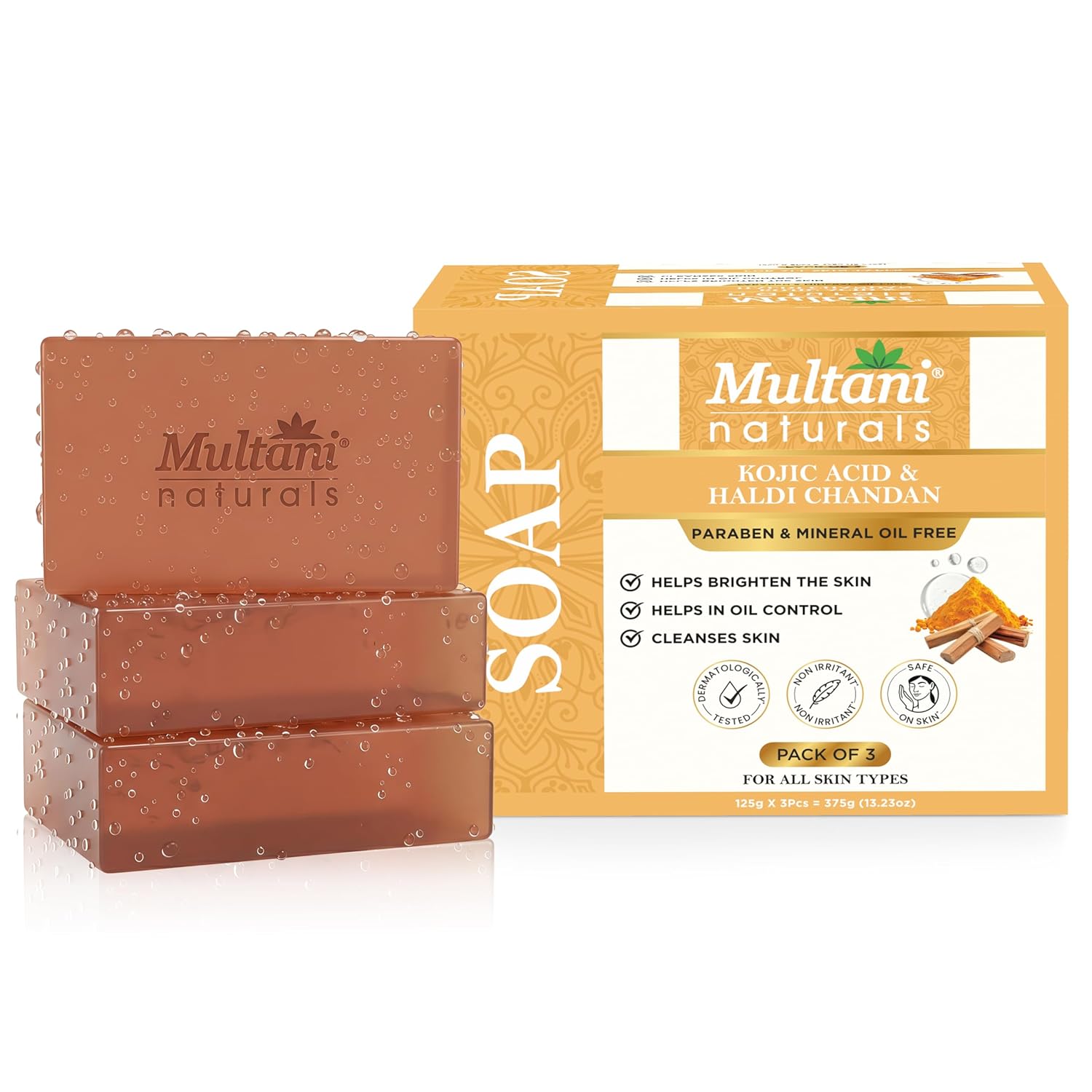 

Мыло Multani Naturals с койевой кислотой, куркумой и сандалом для ванны, 125 г, упаковка из 3 шт., питательное, для ежедневного использования, для всех типов кожи