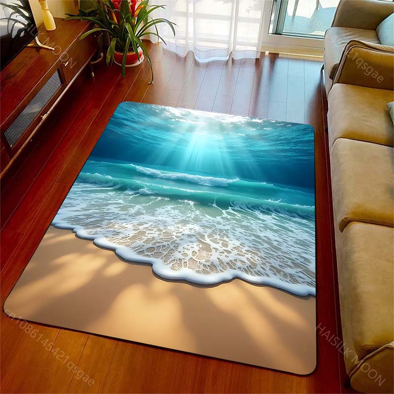 1PC Sunlit beach and waves Print Carpet Rug for Living Room Bedroom Sofa Doormat Home Decor Non-slip Floor Mat