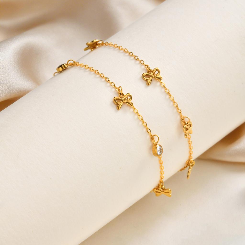 Bow Bracelet for Women 18K Gold Plated Non-Tarnish Waterproof Stainless Steel Dainty CZ Jewelry Minimalist Stackable Ribbon Gift