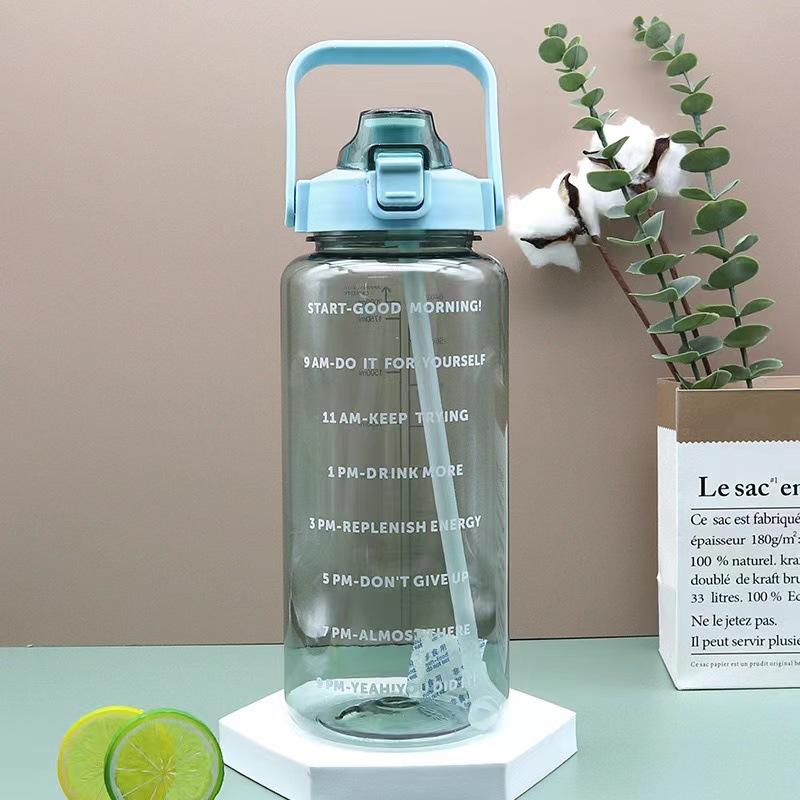 2L Straw Water Bottle Large Capacity Plastic Water Cup Portable Sippy Cup Drink Bottle With Marker For Outdoor Sports Fitness