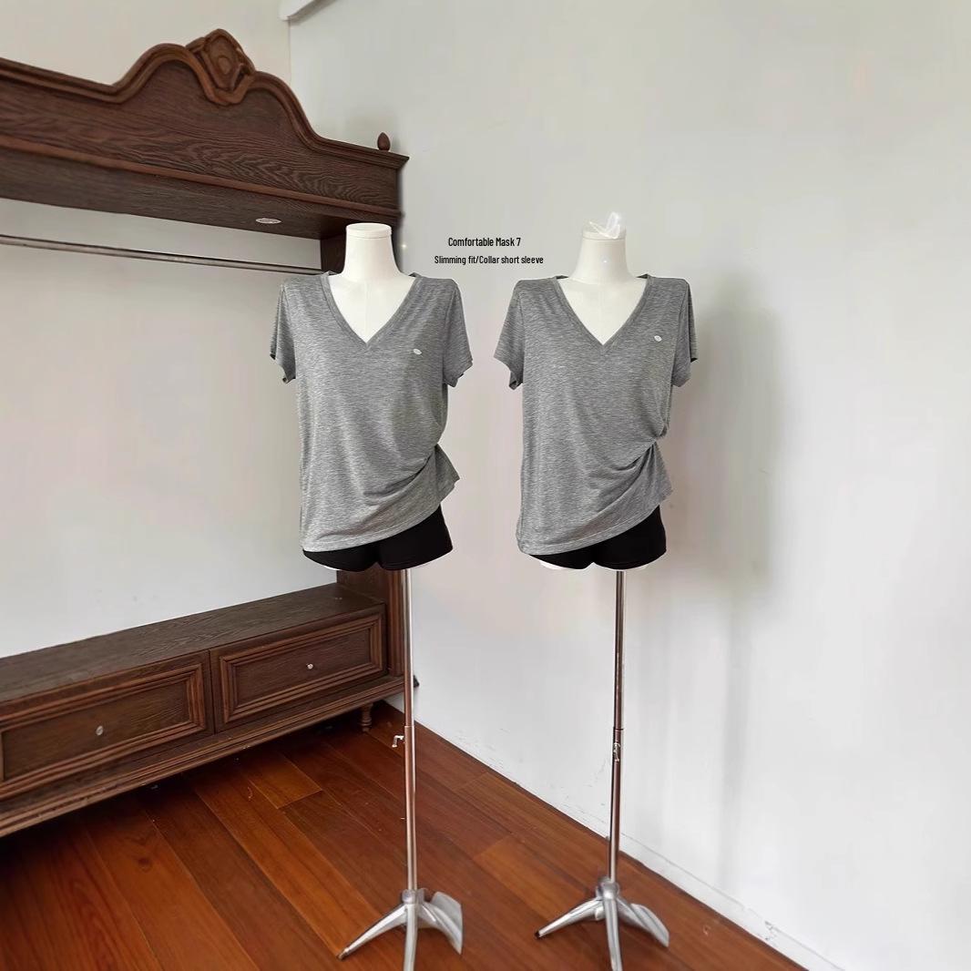 

Women s Gray V-neck Short Sleeve Loose Casual Summer Top L
